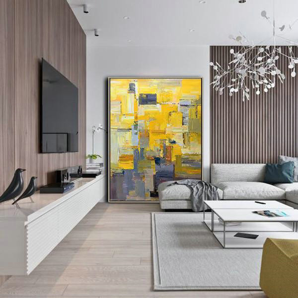 Original Abstract Painting Extra Large Canvas Art,Vertical Palette Knife Contemporary Art,Large Wall Canvas,Yellow,Brown,Taupe,Purple,Beige.etc